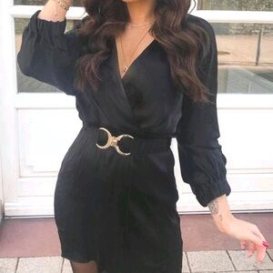 Zara black satin effect belted mini wrap dress